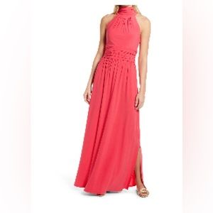 ELIZA J | coral pink halter gown size 6